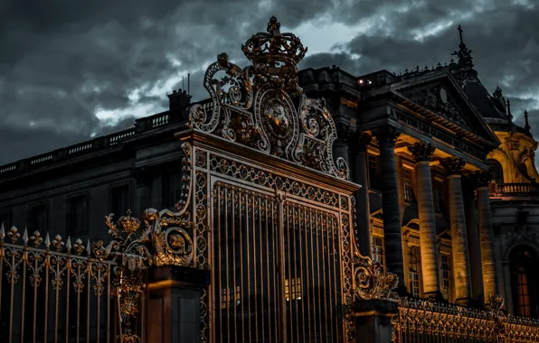 Картинка lights, twilight, France, Versailles, architecture, Palace of Versailles, Chateau de Versailles, royal gate