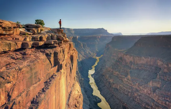 Картинка небо, горы, река, скалы, высота, горизонт, river, sky