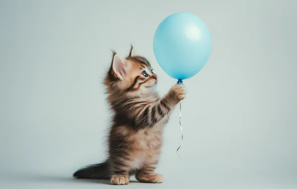 Кошка, взгляд, поза, котенок, мордашка, стойка, воздушный шарик, ИИ-арт