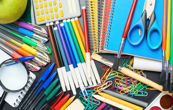 Краски, яблоко, карандаши, блокнот, ручки, лупа, тетради, мелки