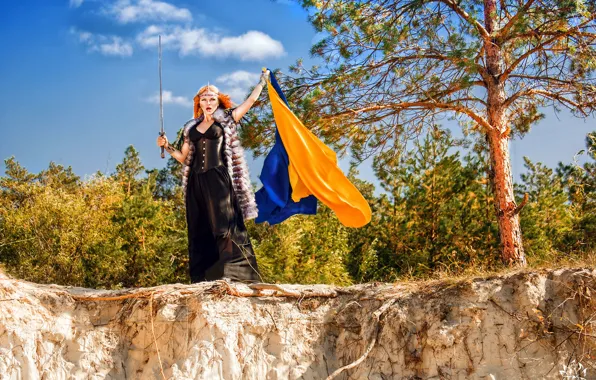 Картинка природа, обрыв, меч, платье, флаг, рыжеволосая, украина
