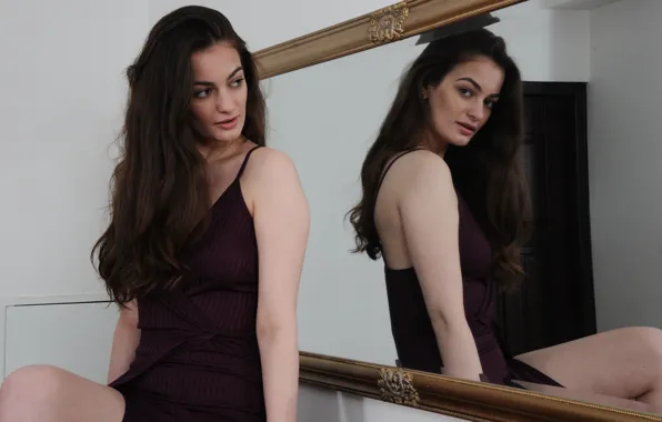 Hot girl, brown hair, model, reflection, sexy woman, photoshoot, posing, mirror