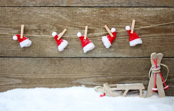 Картинка снег, праздник, игрушки, лыжи, Новый Год, Рождество, красные, декорации