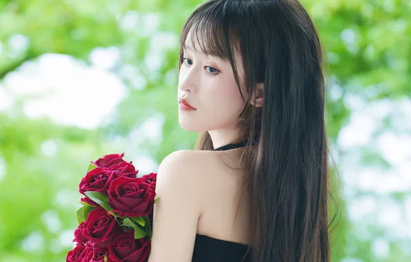 Beautiful, Asian, Model, Flower, Roses, Woman, Back, Bouquet