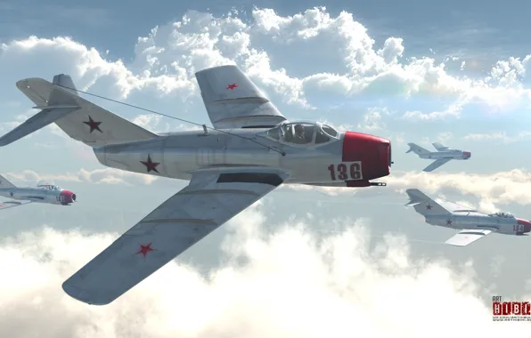 Небо, облака, самолёты, МИГ-15bis