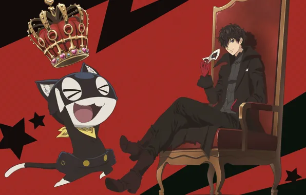 Кот, кресло, корона, маска, Джокер, парень, трон, Persona 5