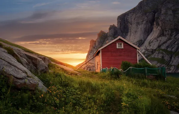 Дом, скалы, рассвет, утро, Норвегия, Norway, Лофотенские острова, Lofoten Islands
