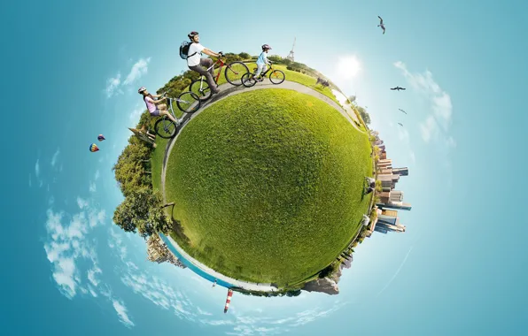 Картинка трава, шар, панорама, велосипедисты