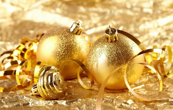Картинка шарики, украшения, золото, праздник, обои, игрушки, блеск, рождество