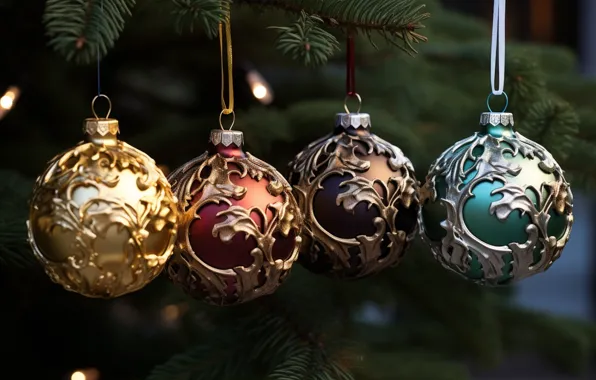 Украшения, фон, шары, елка, Новый Год, Рождество, golden, new year