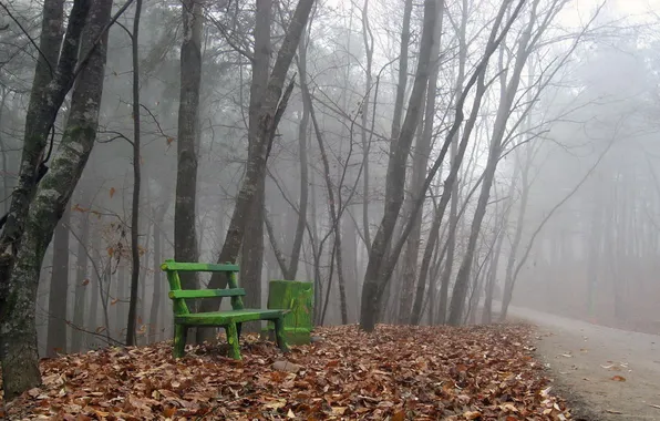 Картинка дорога, осень, листья, туман, скамья
