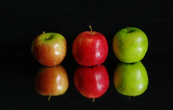 Картинка вода, капли, макро, отражение, яблоки, фрукты