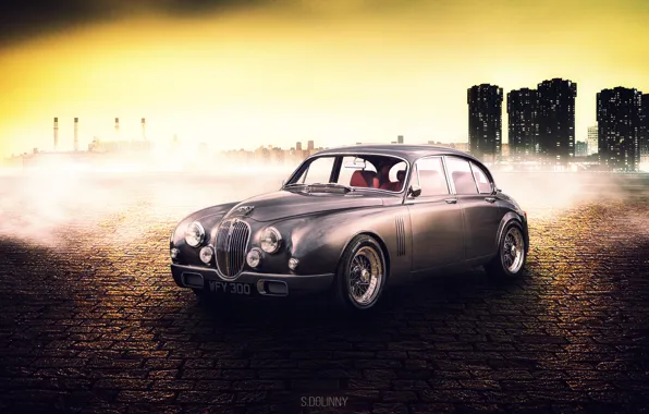 Car, авто, city, город, брусчатка, арт, ягуар, автомобили