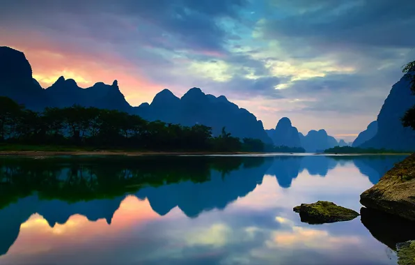Облака, закат, горы, отражение, река, зеркало, Китай, Гуанси