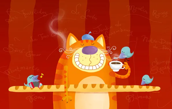 Картинка кот, птицы, улыбка, чай, рисунок, кофе, завтрак, хлеб