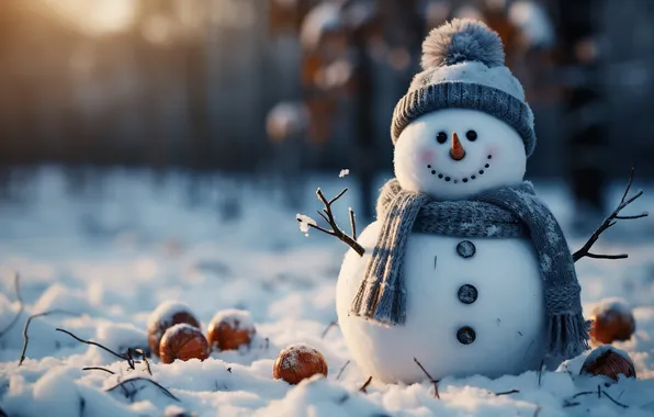 Картинка зима, снег, Рождество, Новый год, снеговик, Christmas, snow, bokeh