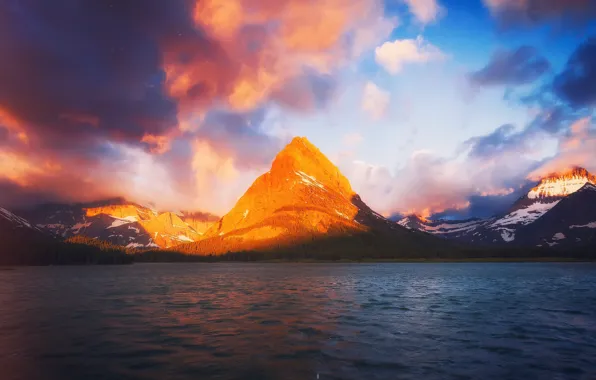 Свет, озеро, гора, утро, Монтана, США, штат, Национальный парк Глейшер