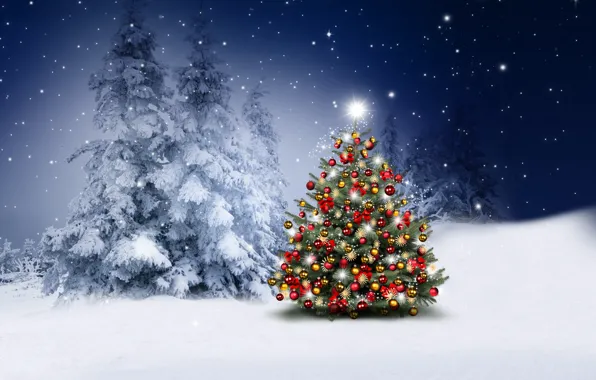 Картинка зима, снег, украшения, снежинки, шары, елки, Новый Год, Рождество