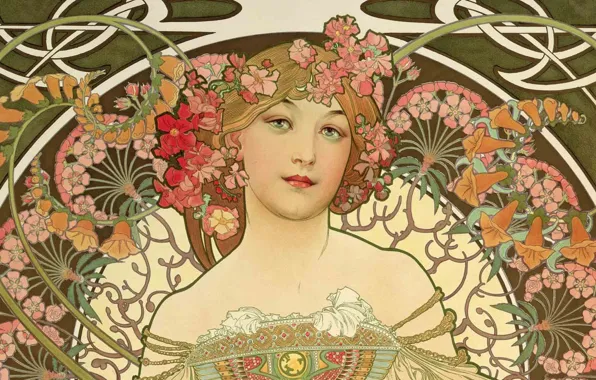 Рисунок, живопись, композиция, женские образы, Альфонс Муха, Alfons Maria Mucha, красавица с цветами