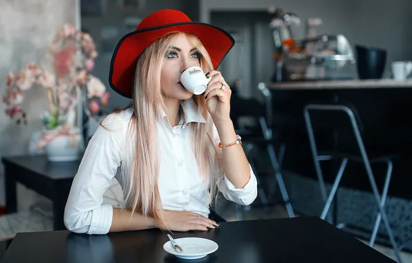 Картинка девушка, шляпа, столы, блондинка, чашка, Alessandro Di Cicco