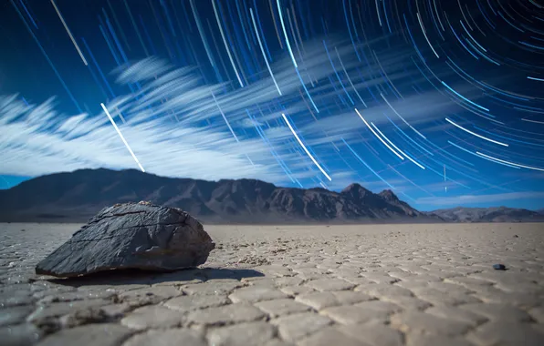 Горы, ночь, пустыня, камень, выдержка, Death Valley, The Racetrack