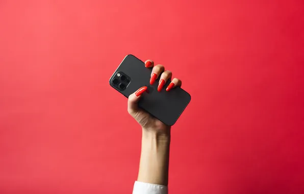 Red, technology, cell phone, addiction, woman's hand