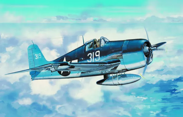 Картинка fighter, war, art, airplane, aviation, ww2, Grumman F6F Hellcat