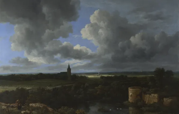 Картина, панорама, Якоб ван Рёйсдал, Jacob van Ruisdael, Пейзаж с руинами замка и церковью