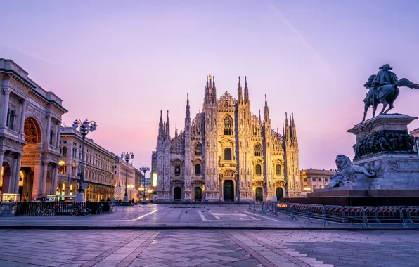 Готика, вечер, Италия, памятник, Милан, Duomo di Milano, Собор Рождества Девы Марии