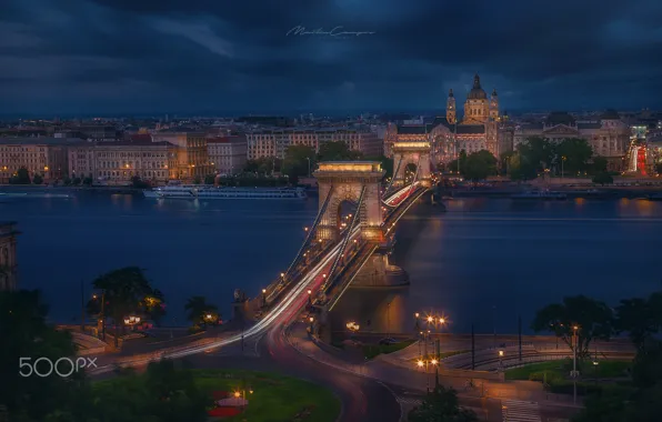 Картинка мост, огни, вечер, Будапешт