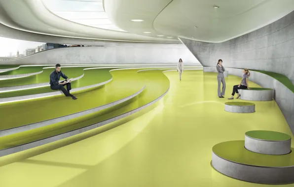 Green, style, modern, people, room, rendering, stage