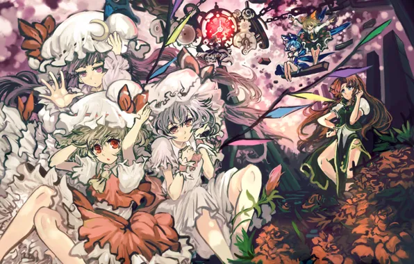 Цветы, девушки, механизм, крылья, цепи, touhou, remilia scarlet, izayoi sakuya