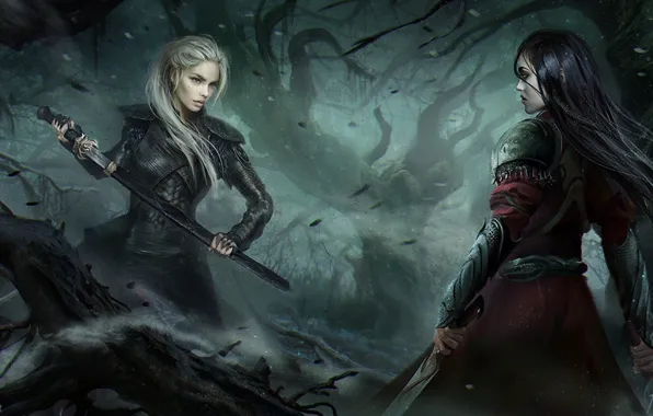 Girl, sword, forest, armor, weapon, ken, blade, darkness