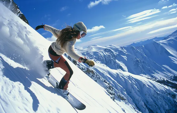 Картинка woman, mountain, snowboarding, enjoying, setting, vivid