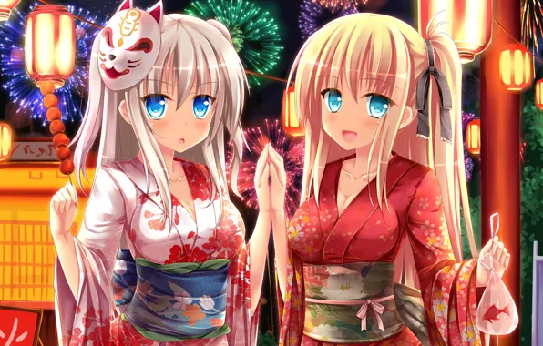 Девушки, маска, юката, anime, art, Charlotte, Nao Tomori, Yusa Kurobane