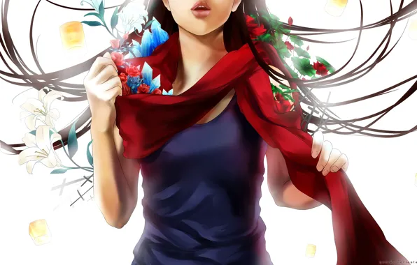 Картинка листья, девушка, цветы, аниме, шарф, арт, кристаллы, yuuike