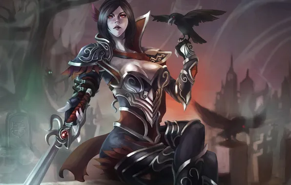 Девушка, меч, ворон, League of Legends, fiora, Grand Duelist