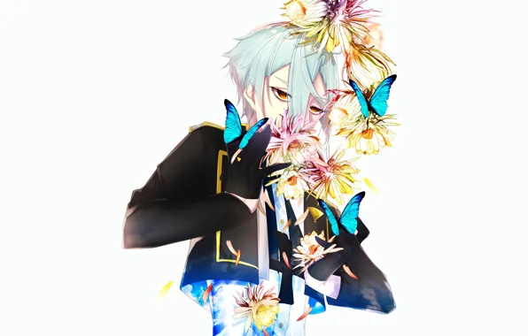 Взгляд, цветы, фон, аниме, арт, парень, чёлка, Touken Ranbu