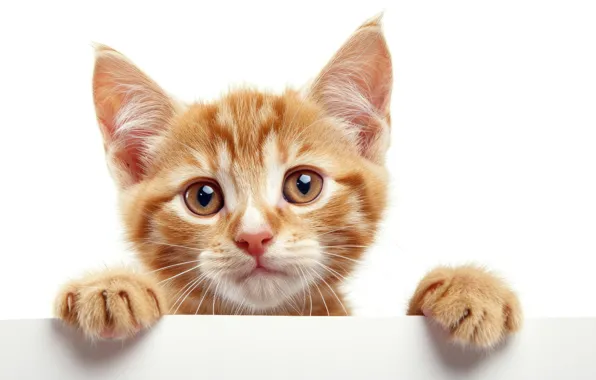 Кошка, взгляд, поза, котенок, портрет, лапки, белый фон, мордашка