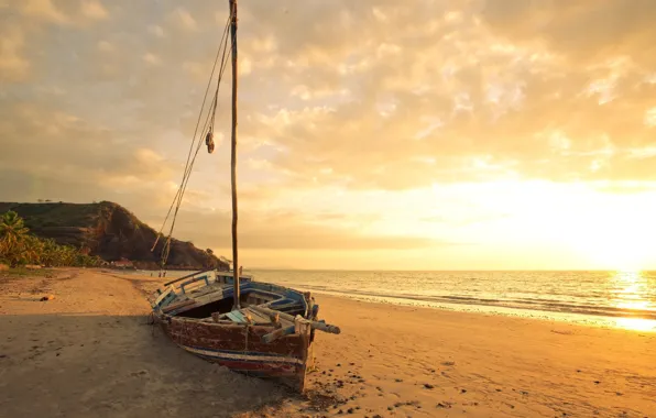 Картинка песок, море, горы, пальмы, корабль