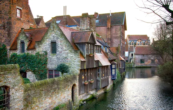 Канал, Бельгия, Belgium, Брюгге, Brugge, Canal, Medieval houses