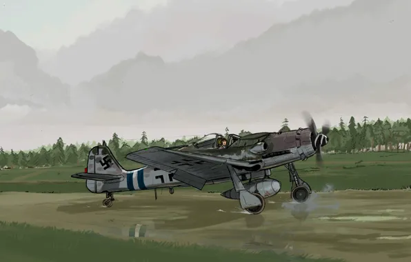 Картинка рисунок, истребитель, пилот, самолёт, аэродром, взлётная полоса, Вторая мировая война, немецкий