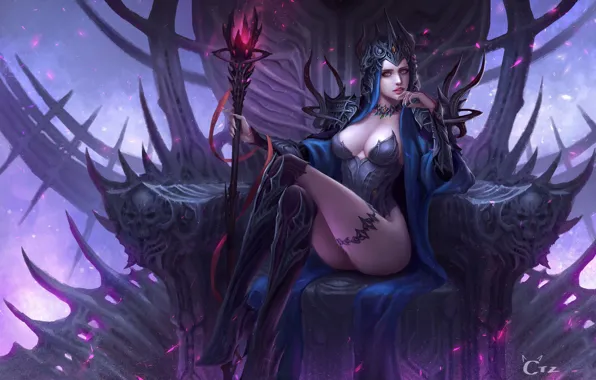 Девушка, фентези, магия, арт, жезл, трон, lilith, tianzhu chen