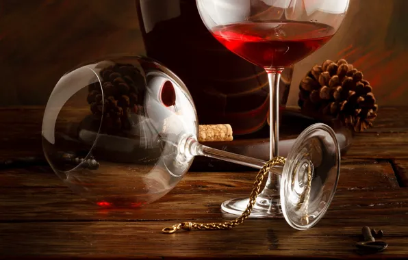 Картинка вино, красное, бутылка, бокалы, цепочка, шишки