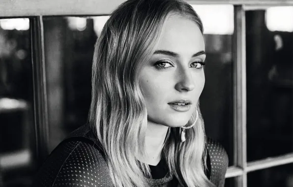 Black & white, волосы, актриса, Софи Тёрнер, Sophie Turner, чёрно - белое фото, чёрно - …