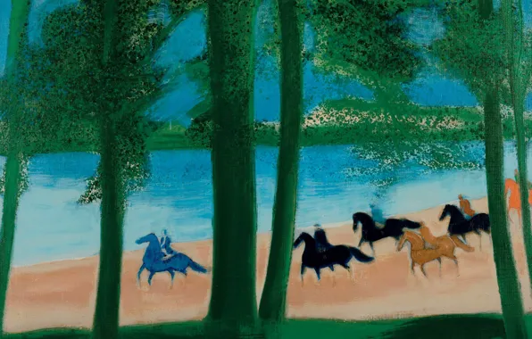 Пейзаж, картина, лошади, Andre Brasilier, Всадники на Берегу Моря