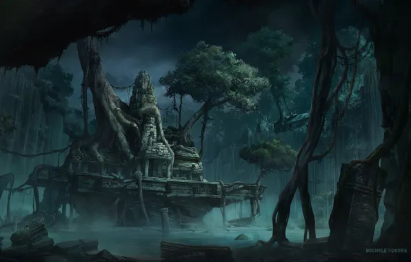 Картинка вода, деревья, арт, храм