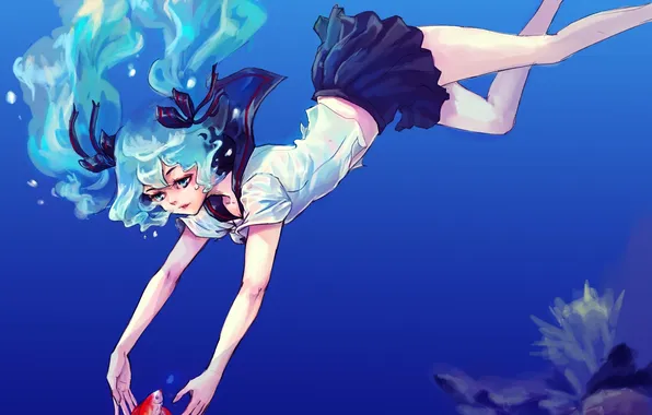 Картинка девушка, рыбка, арт, Vocaloid, Вокалоид, под водой, Arisita, Bottle Miku