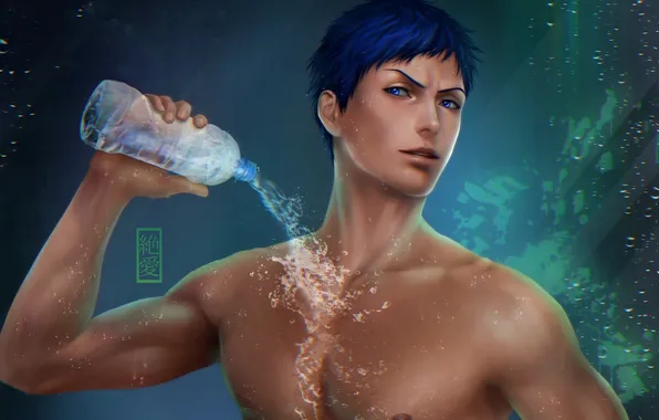 Взгляд, вода, бутылка, парень, торс, art, Zetsuai89, aomine daiki