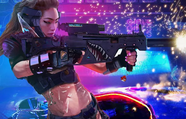 Девушка, оружие, азиатка, Cyberpunk 2077